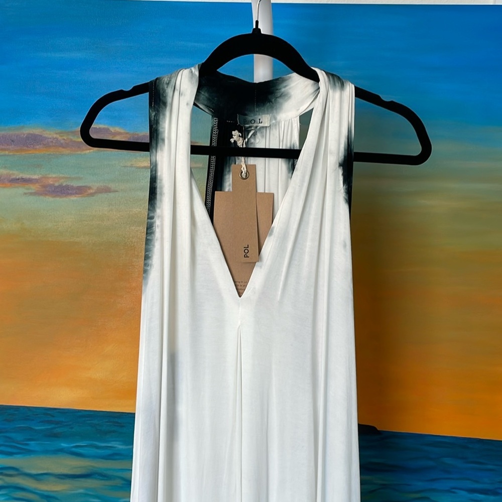 POL Black and White Tie Dye Plunge Neck Midi Dress